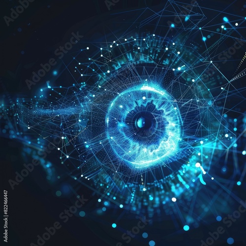 Abstract digital eye with a blue glow and network connections on a dark background, a futuristic technology concept for cyber security or data transfer