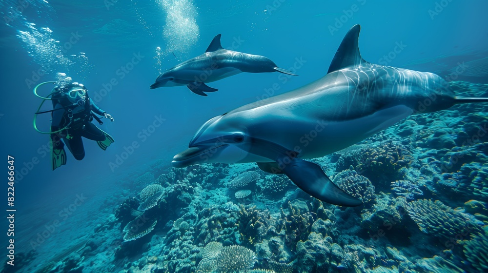 Two dolphins gracefully swim above a vibrant coral reef Two dolphins gracefully swim above a vibrant coral reef