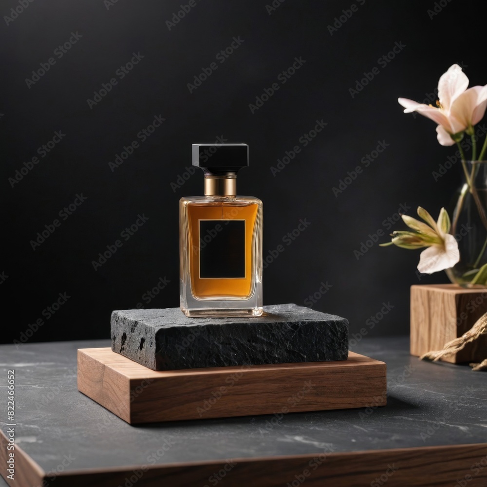 Elegant Black and Gold Perfume Bottles on Wooden and Slate Display with Green Plant Decoration Elegant Black and Gold Perfume Bottles on Wooden and Slate Display with Green Plant Decoration