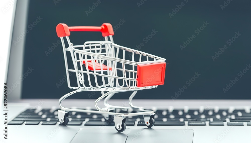 Online shopping concept with miniature shopping cart standing in front of laptop