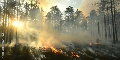 Pine forest ravaged by wildfire during dry season in the midst of global environmental crisis. Concept Environmental crisis, Wildfire aftermath, Pine forest destruction, Dry season devastation