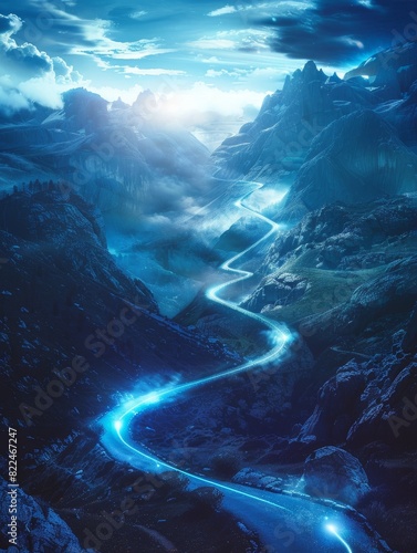 Determination's Ethereal Path: A Winding Mountain Road Glowing with Resilience and Natural Wonder © Mickey