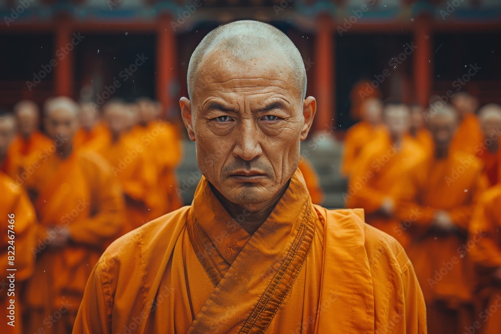 Close-up of a solemn monk in orange robes with a background of monks at a temple Close-up of a solemn monk in orange robes with a background of monks at a temple