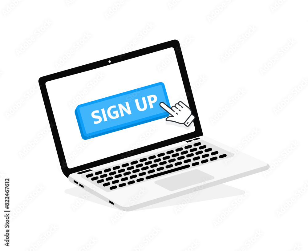 Sign UP text on Laptop screen with a red button . Button with pointer clicking. Finger Pressing Sign UP text on Laptop screen with a red button . Button with pointer clicking. Finger Pressing