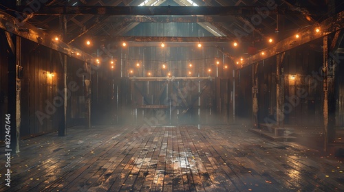 A dark and dusty barn with wooden beams and a wooden floor. The barn is lit by a few dim lights. There is a large wooden door in the background. photo