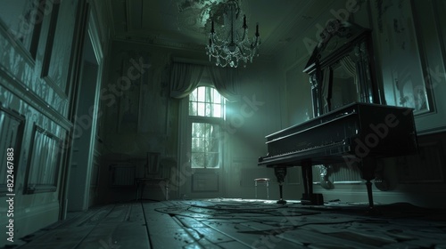 The haunting melody of a music box echoes through the house its rhythm erratic and otherworldly. photo