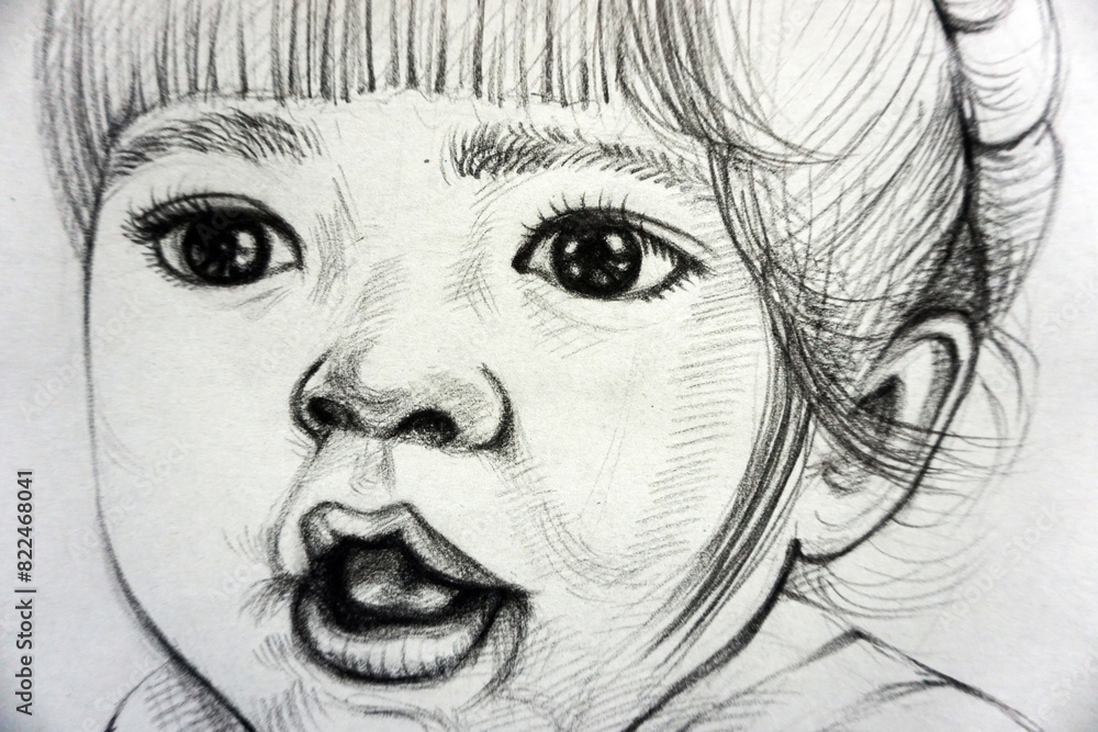 Obraz premium professional artist hand drawn sketch creative line drawing kid girl face light and shadow and lady face structure skill draw line fragment of artwork school of art studying academy of art