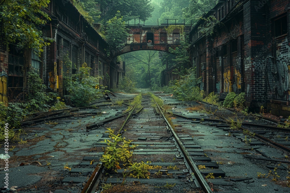 A haunting view of a desolate, overgrown railway track with dilapidated arches and walls covered in graffiti A haunting view of a desolate, overgrown railway track with dilapidated arches and walls covered in graffiti