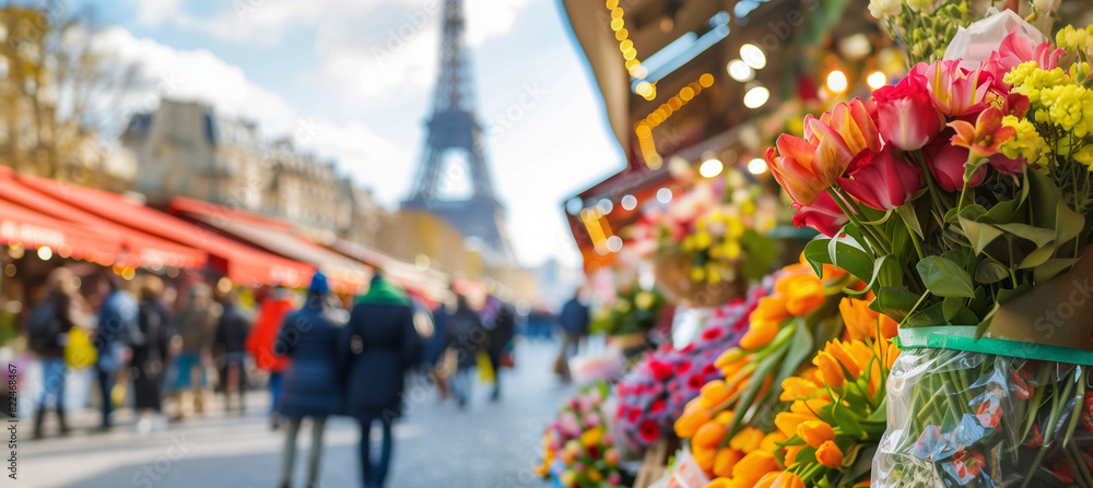 Fototapeta premium a detailed image of shoppers examining flower bouquets at a vibrant market, with a rare glimpse of the Eiffel Tower in the softly blurred background, outside, market, fresh food, d