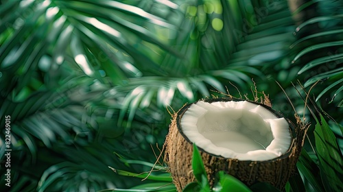 Tropical Delight: Coconut Perched on Leafy Table