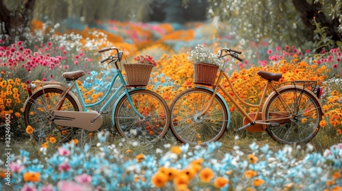 Wallpaper Mural vintage cycling scene, vintage bicycles adorned with flower-filled baskets create a nostalgic summer scene, evoking a bygone era Torontodigital.ca