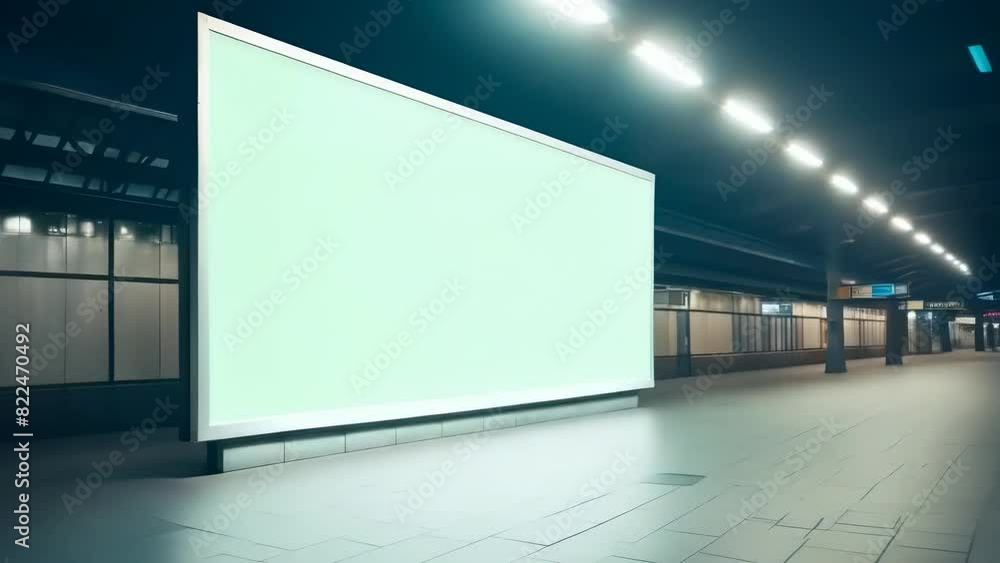 A large, blank billboard in a modern subway station ready for advertising. This empty sign symbolizes opportunity, marketing, transit, urban life, promotions, cityscape, potential, exposure A large, blank billboard in a modern subway station ready for advertising. This empty sign symbolizes opportunity, marketing, transit, urban life, promotions, cityscape, potential, exposure