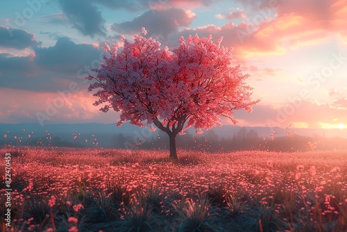 Surreal landscape with pink tree in the shape of heart at sunset sky.