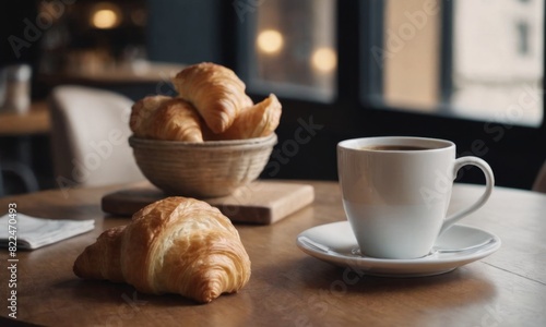 a cup of fragrant coffee with a crispy croissant on the table in the coffee shop