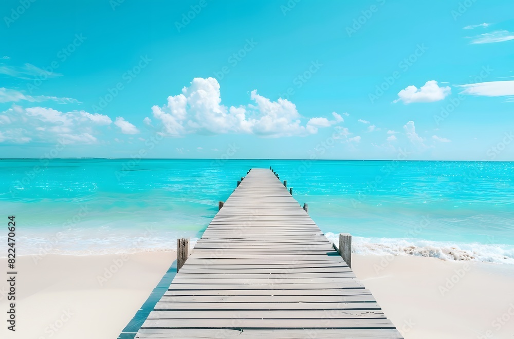 Fototapeta premium Wooden Pier on White Sand Beach with Turquoise Sea and Blue Sky