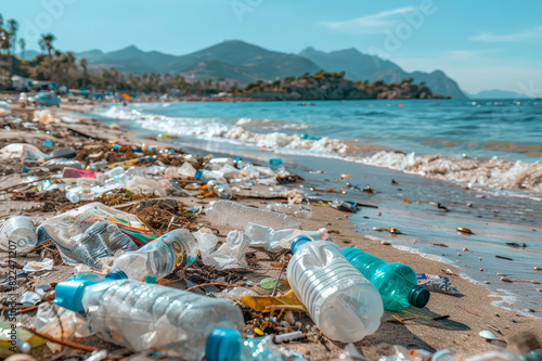 Plastic bottles, bags, and rubbish scatter across a beach, highlighting the issue of plastic pollution in coastal environments.. AI generated.