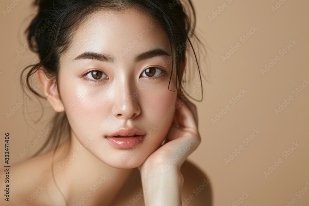 Fototapeta premium Close-up portrait of a beautiful young woman with natural makeup, soft skin, and captivating eyes. Generated AI