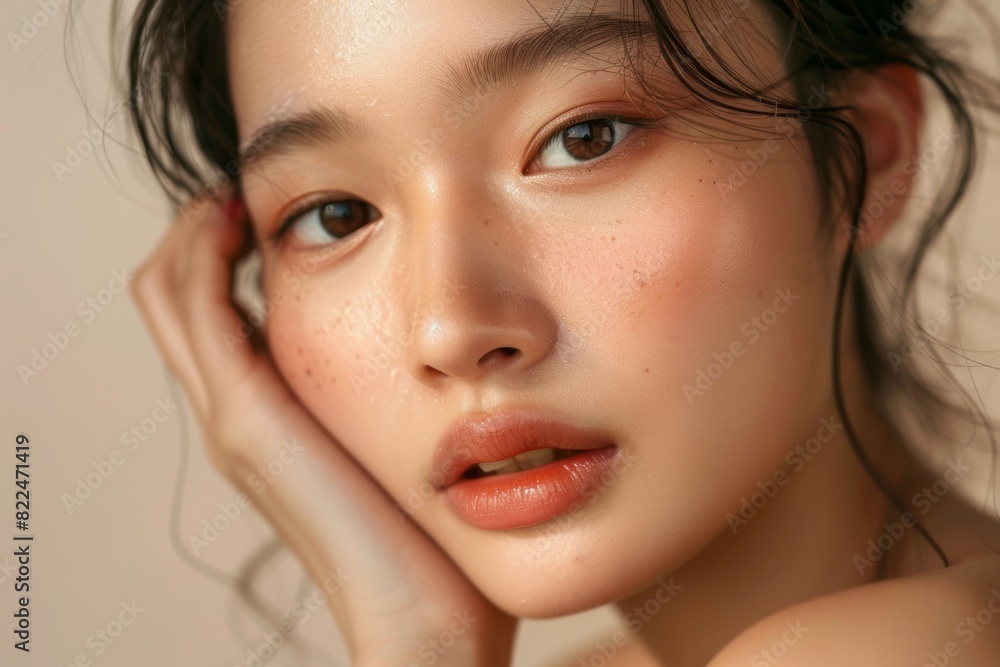 A close-up image of a young woman with natural makeup, clear skin, and a gentle expression. Generated AI A close-up image of a young woman with natural makeup, clear skin, and a gentle expression. Generated AI