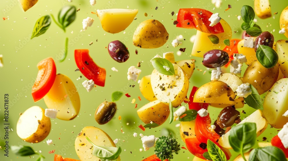 Floating Mediterranean Potato Salad Ingredients on a Vivid Lime Green Background for Dynamic Food Design Floating Mediterranean Potato Salad Ingredients on a Vivid Lime Green Background for Dynamic Food Design