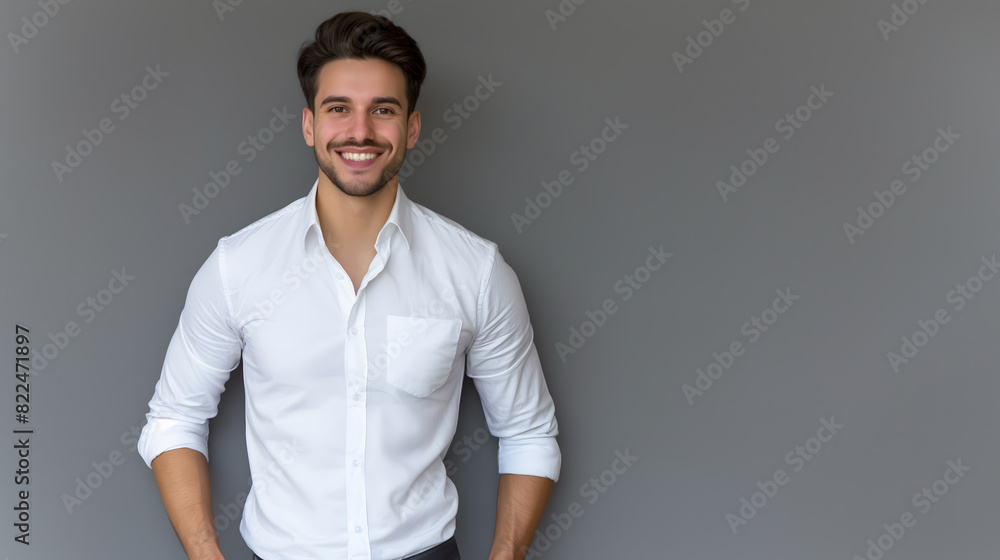 Smiling Young Man in White Shirt Posing with Casual Confidence Smiling Young Man in White Shirt Posing with Casual Confidence