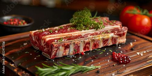 Raw pork ribs are laid out on a cutting board. Spices for cooking meat dishes close-up Raw pork belly on a plate.
 photo