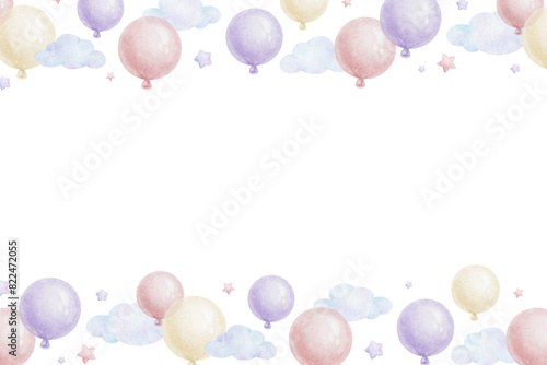 Frame of pink, purple air balloons clouds and stars . Watercolor isolated hand drawn illustration. Wreath for postcards, decoration of children's rooms and party, Baby shower and birthday cards