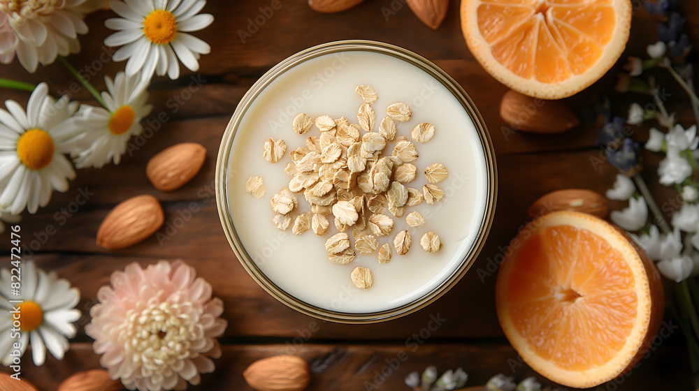 Fresh Yogurt Bowl with Oats, Almonds, and Citrus on Wooden Background Fresh Yogurt Bowl with Oats, Almonds, and Citrus on Wooden Background