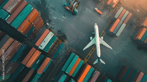 A large cargo plane flying over a container yard with many large, colorful shipping containers. photo