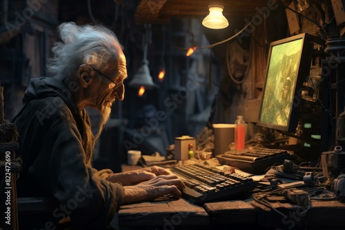 Wallpaper Mural Senior man focuses intently on a computer screen amidst a cluttered and atmospheric workshop setting Torontodigital.ca