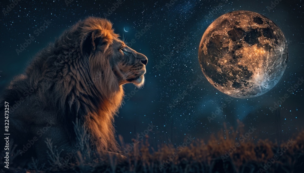 Naklejka premium Majestic lion under moonlit sky