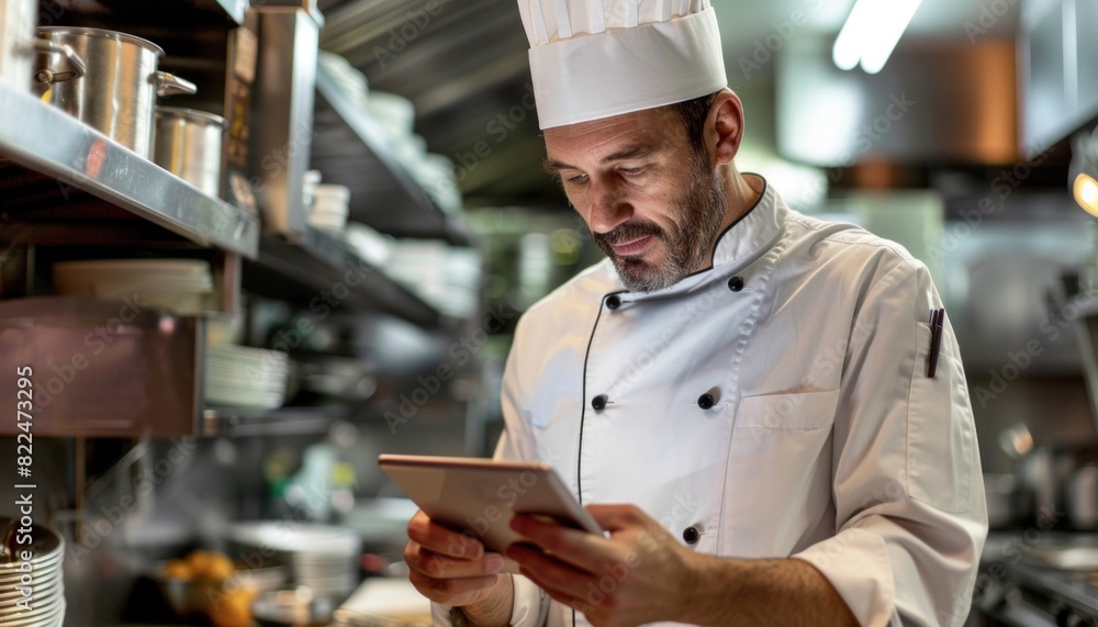 Smiling chef using tablet in kitchen