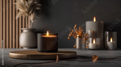 A black candle sits on a wooden tray in front of a vase of flowers