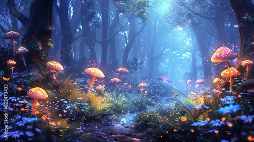 A mystical forest with a variety of glowing mushrooms. The path leads deep into the forest, where a bright light shines through the trees. © Kasitthanin