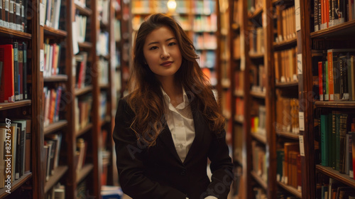 A woman is posing in front of a library of books