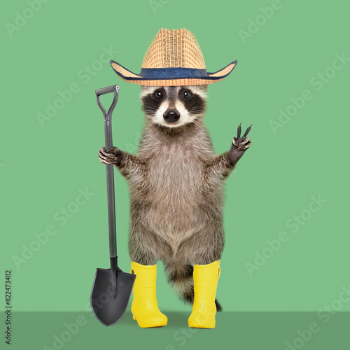 Raccoon in a gardening hat and rubber boots with shovel in his hands standing on a green background