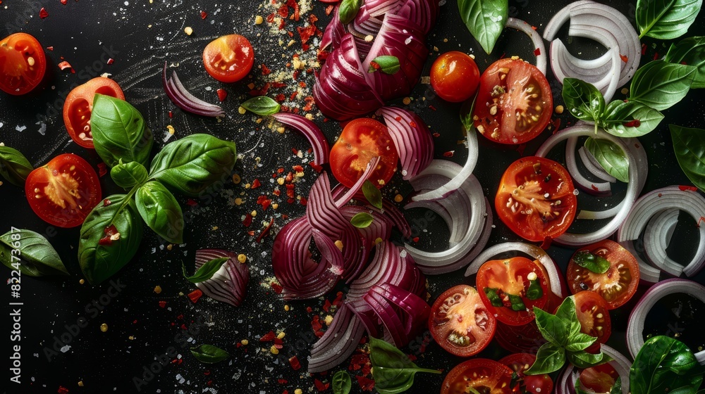 Fresh Ingredients for Panzanella Salad: Tomatoes, Red Onions, and Basil on Black Background - Perfect for Recipe Design, Ads, and Cooking Blogs