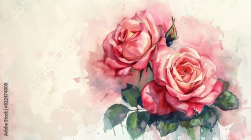 Two pink roses are painted on a white background © Tanakorn