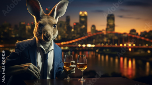 Visualize a sophisticated kangaroo in a tailored pinstripe suit  accessorized with a