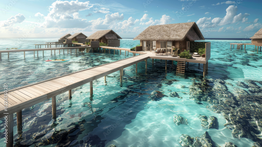 Fototapeta premium A beautiful beach with a wooden bridge leading to a small house