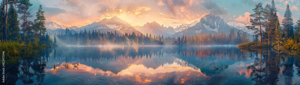 Serene mountain landscape at sunrise, featuring a calm lake reflecting snowy peaks and vibrant sky, surrounded by lush greenery. Serene mountain landscape at sunrise, featuring a calm lake reflecting snowy peaks and vibrant sky, surrounded by lush greenery.