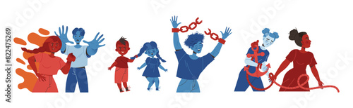 Aggressor and Victim with Suffering and Blaming Man and Woman Vector Illustration Set