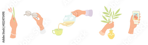 Hand Holding Different Object and Thing Vector Illustration Set