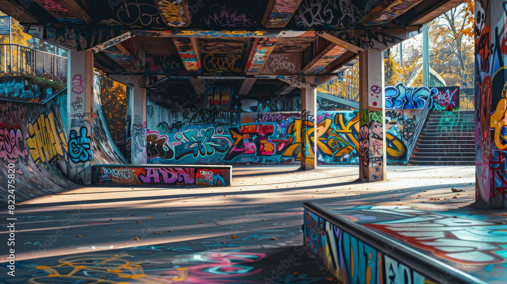 A graffiti covered skate park with a lot of graffiti on the walls A graffiti covered skate park with a lot of graffiti on the walls