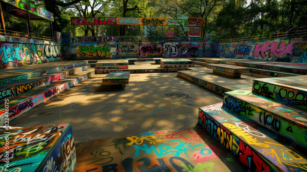 Fototapeta premium A graffiti covered park with a lot of graffiti on the walls
