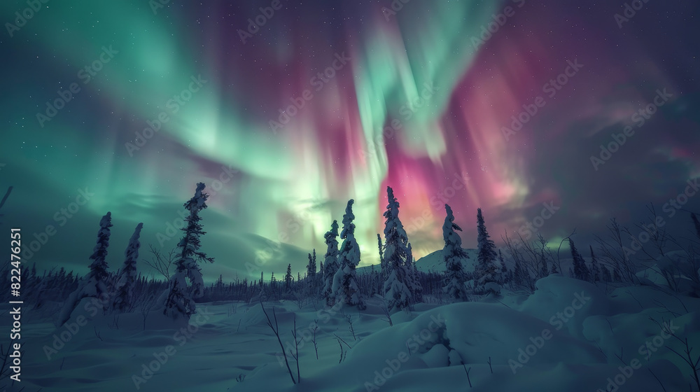 The sky is filled with auroras, creating a beautiful and serene atmosphere