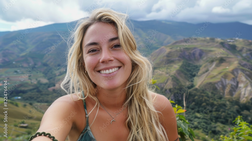 A woman with blonde hair is smiling and taking a selfie on a mountain