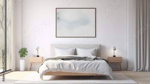 A white empty blank frame mockup mounted on a white wall in a modern bedroom, with a comfortable bed and natural light.