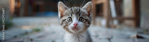 Cute kitten with pink nose, whiskers, blur background