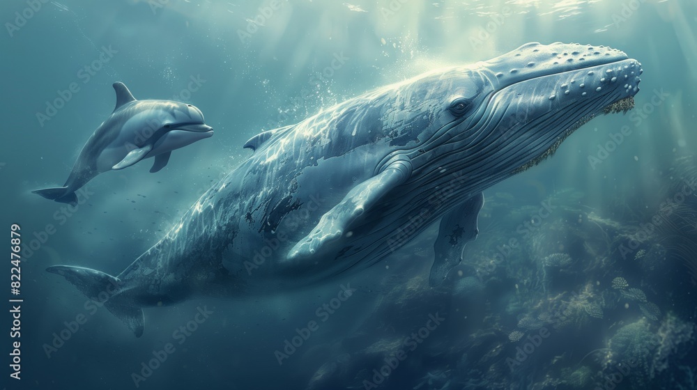 Obraz premium A couple of dolphins gracefully swim side by side in the ocean