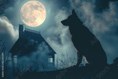 German Shepherd Guarding Home in Moonlight photo